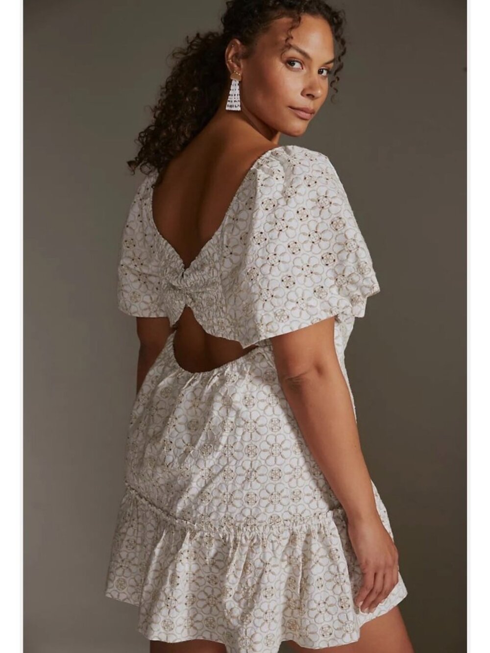 Maeve By Anthropologie Smocked Tunic Open Back Mini Dress In Cream & White Sz 1X - Picture 2 of 11